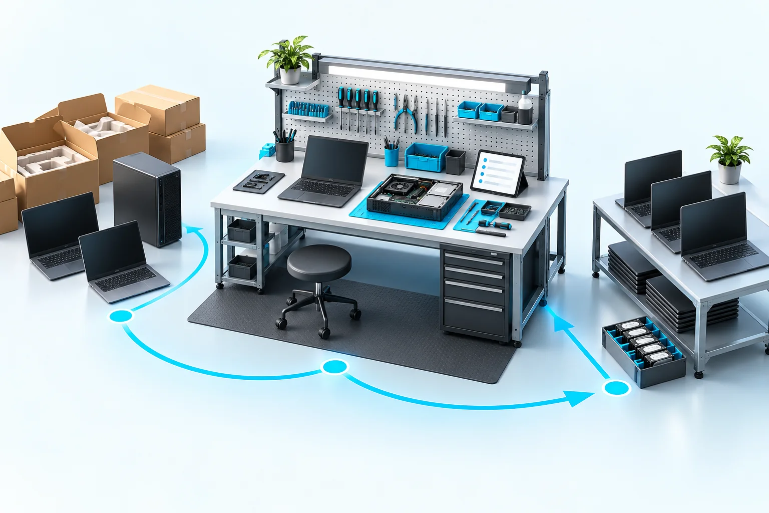 Concept illustration of business equipment assessment, configuration and reuse