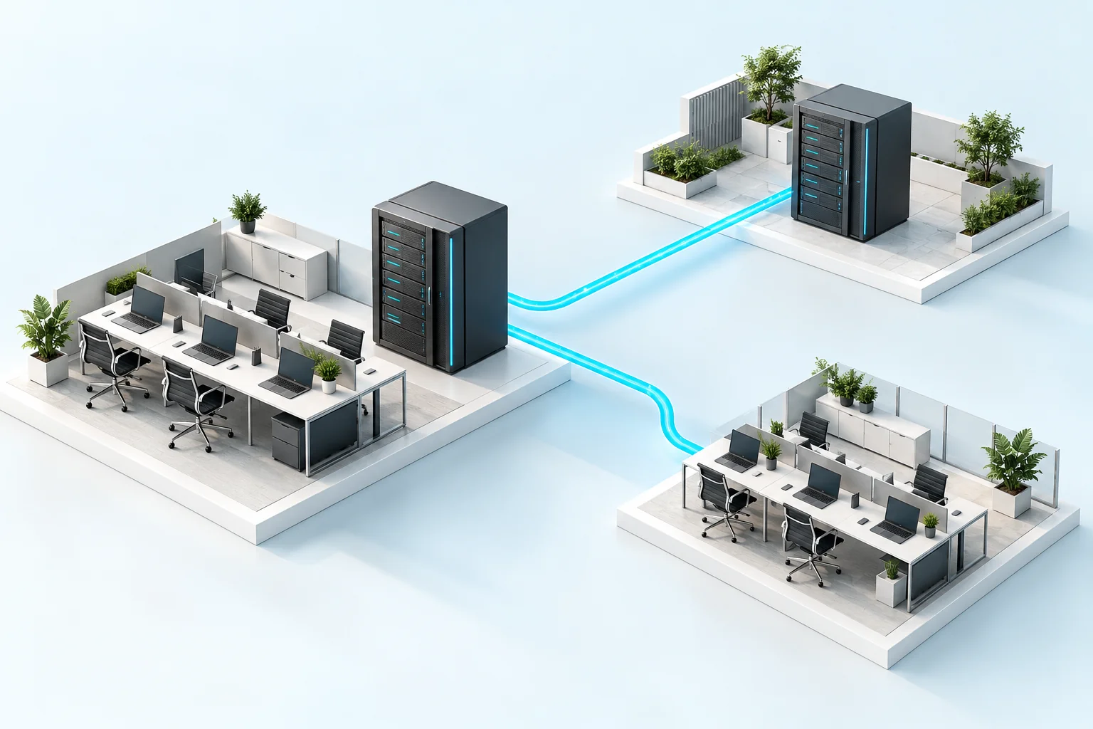 Concept illustration of primary and backup storage connected to a business workspace