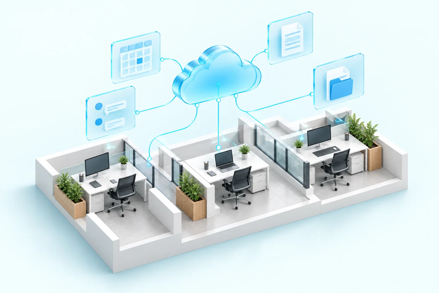 Concept illustration of a connected workplace using cloud software and collaboration tools