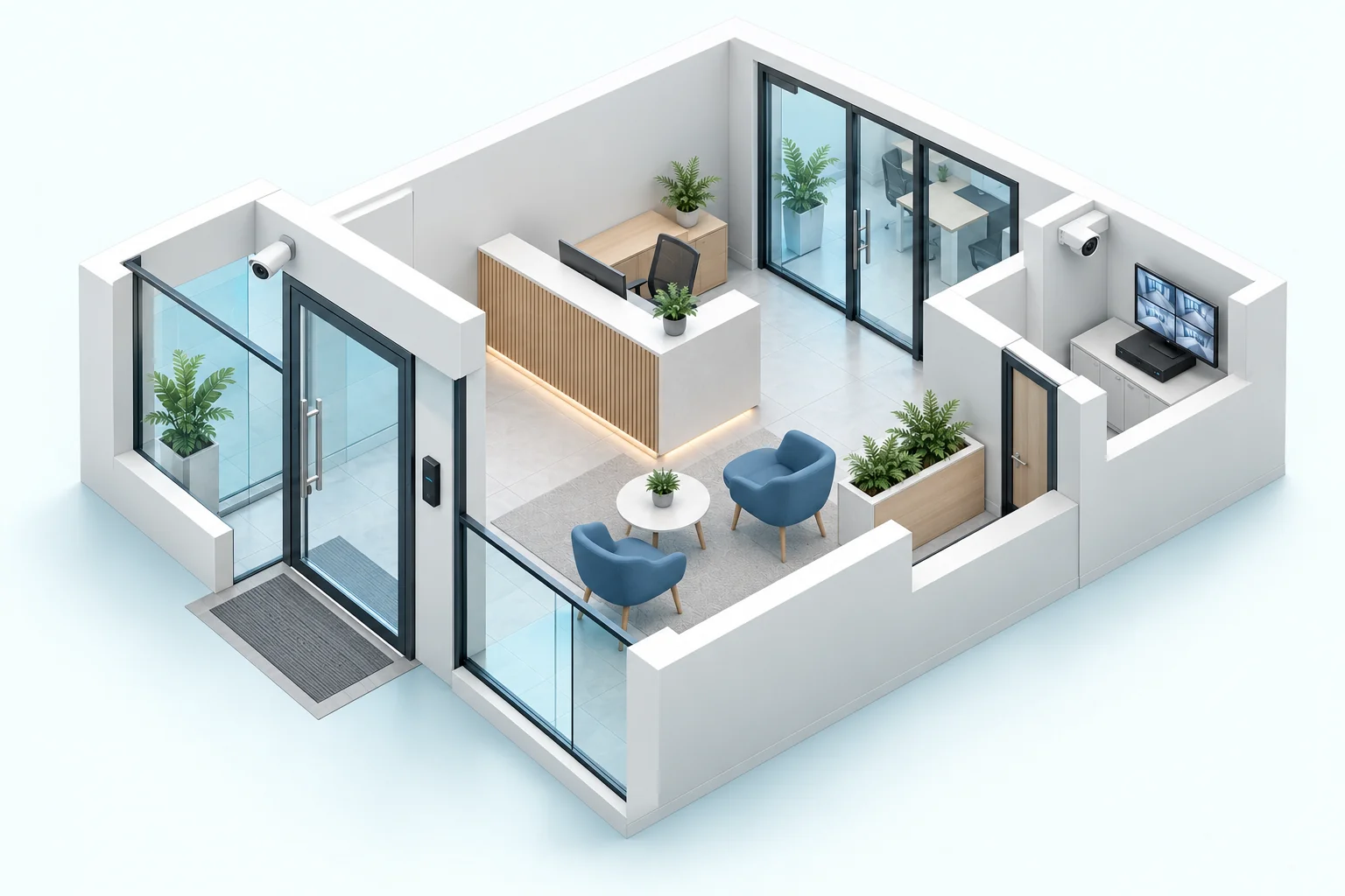 Concept illustration of an office entrance with CCTV and an access-control reader