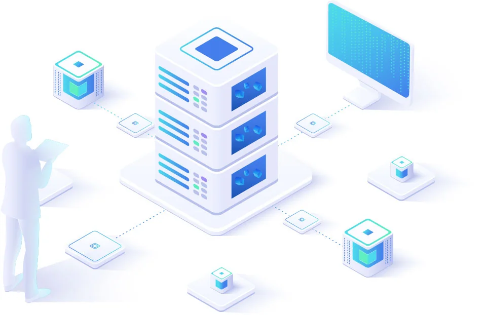 Isometric illustration of connected server and network infrastructure
