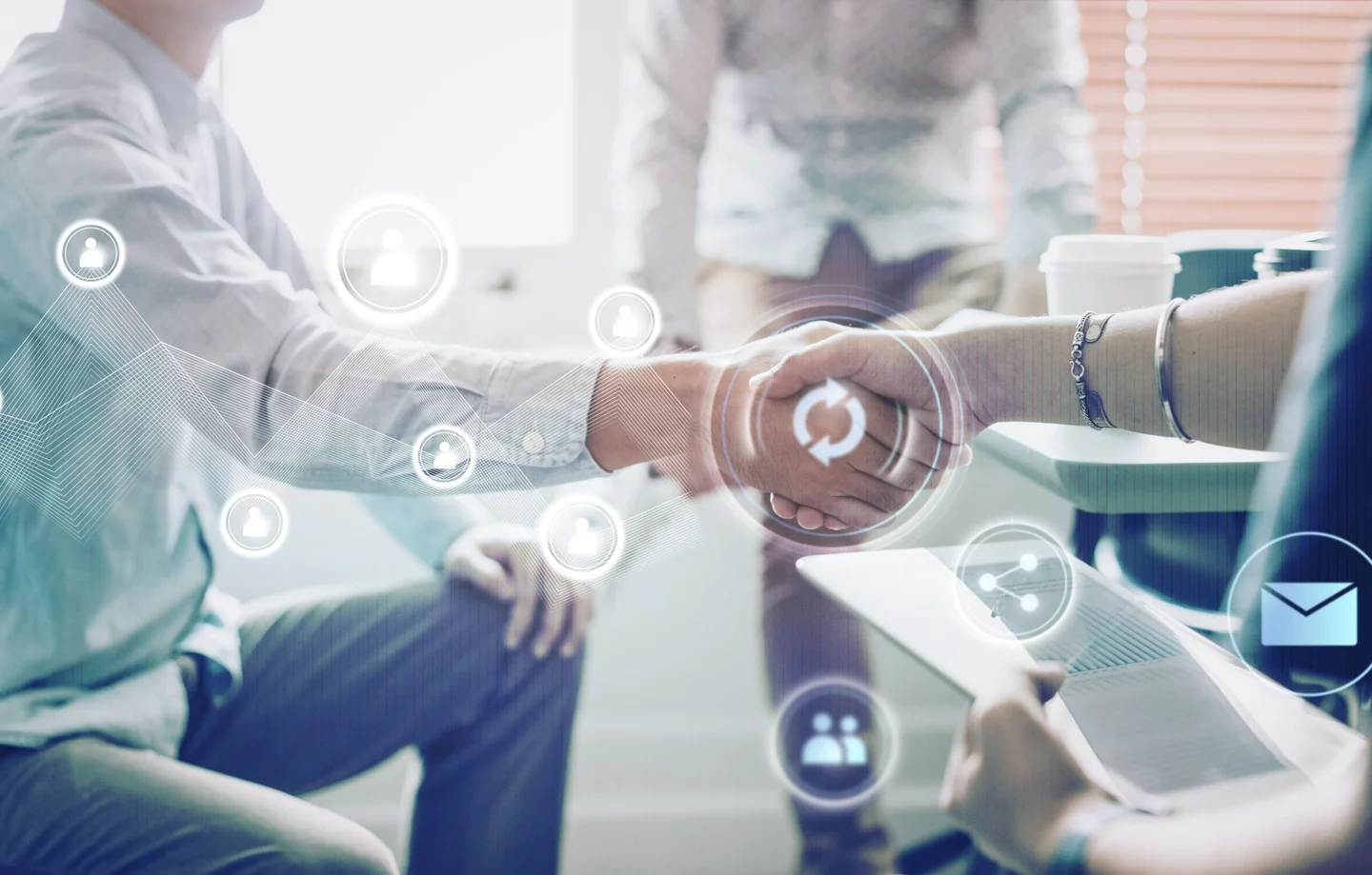 Illustrative business handshake with digital connection graphics